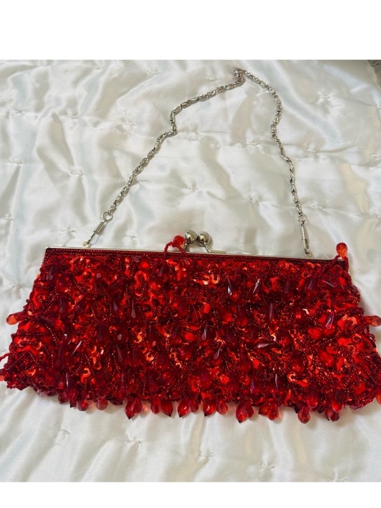 Lapis Handbags - Lapis Red Beaded Evening Clutch with Silver Chain